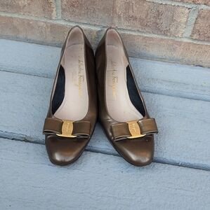 Salvatore Ferragamo Bronze Kitten Heel Vara Bow Pumps